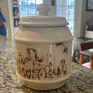 Vintage McCoy Pottery Frontier Family Cookie Jar with Horse Carriage Design